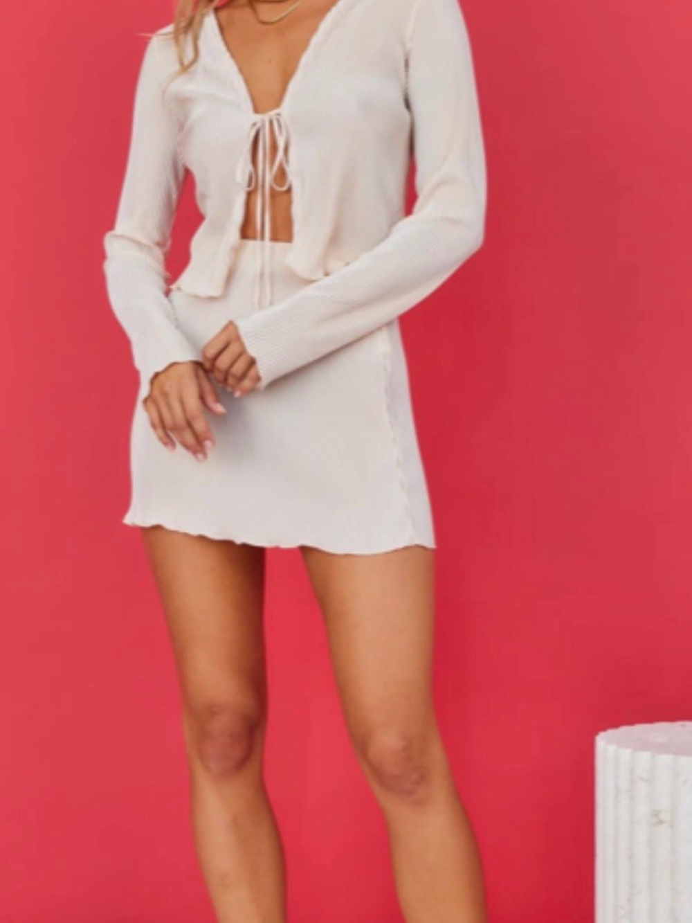Hello Molly Cream Ribbed V-Neck Top and Skirt